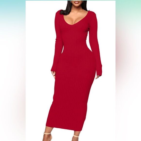 SEXY RIBBED SWEATER BODYCON V NECK DRESS - Picture 1 of 5